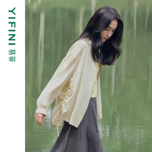 专柜同款 百搭薄款 Yifini 时尚 外套 易菲侧抽绳镂空绣花宽松衬衫