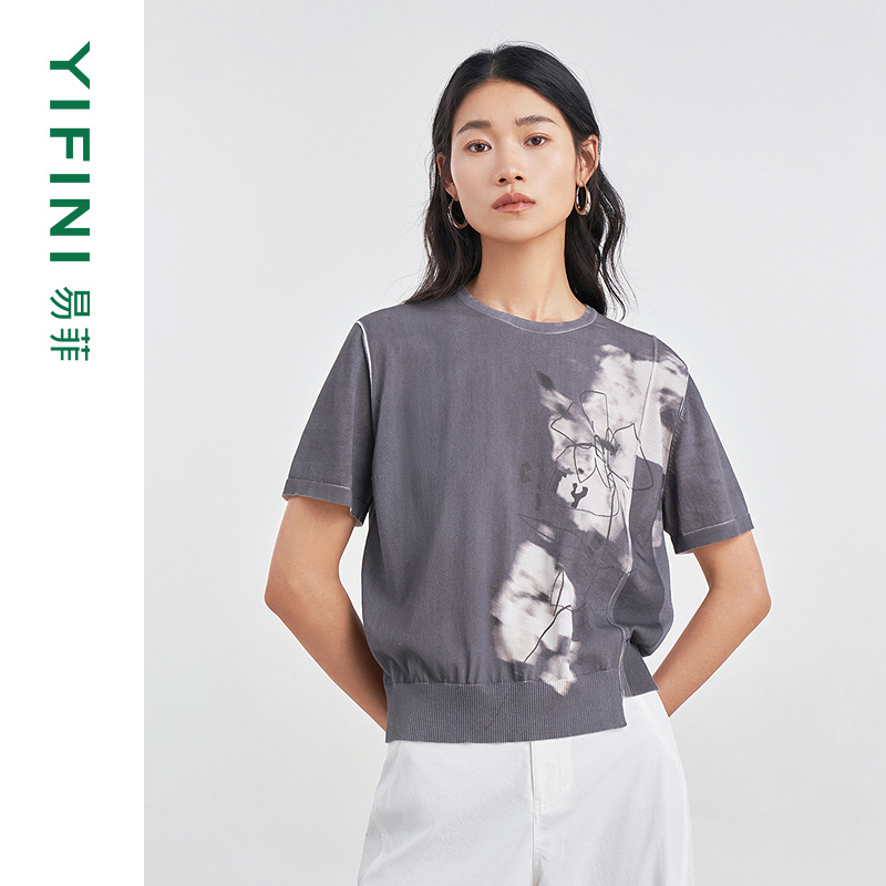 易菲艺术印花不规则设计感针织衫