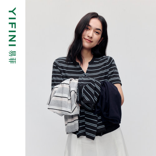易菲天丝混纺针织条纹修身外套