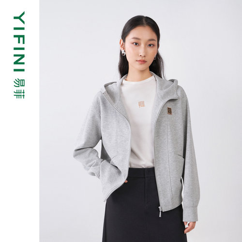 易菲休闲宽松针织连帽外套