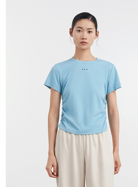 [专柜同款]Yifini/易菲缩褶立体感修身短款字母印花T恤女D04Z1204