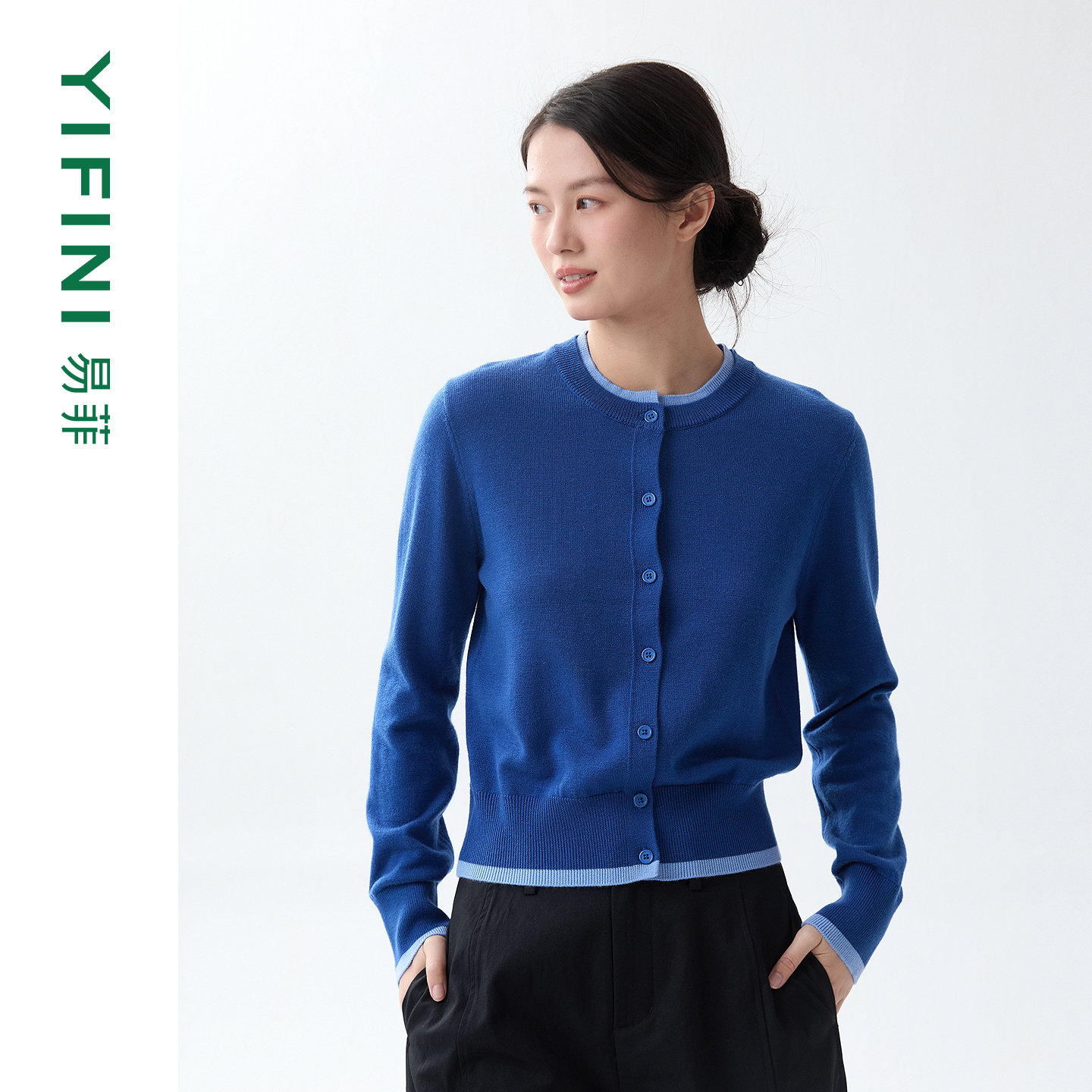 Yifini/易菲撞色假两件绵羊毛混纺修身短款针织开衫26春新款毛衫