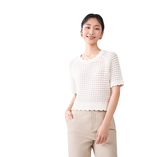 Yifini/易菲镂空钩花短款针织衫女夏装新款套头罩衫小衫毛衫