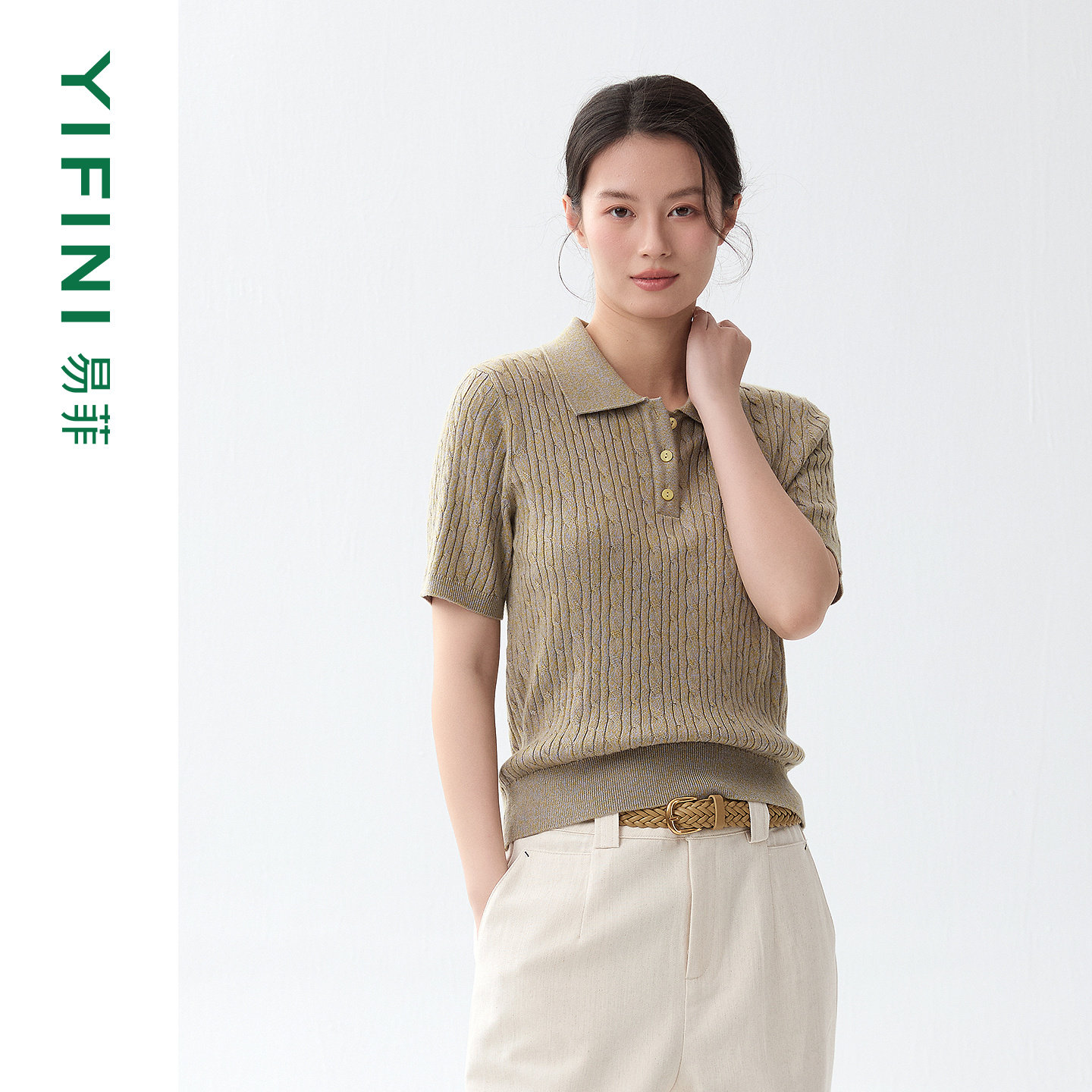Yifini/易菲时尚百搭简约短袖修身短款针织衫女POLO衫毛衫26春新