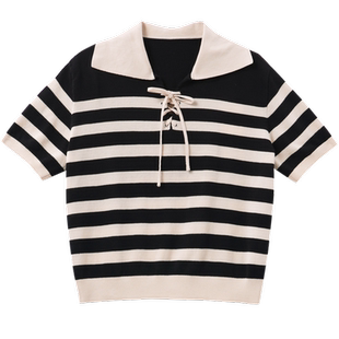 [专柜同款]Yifini/易菲宽松黑白条纹小V领短款毛衫夏装新款