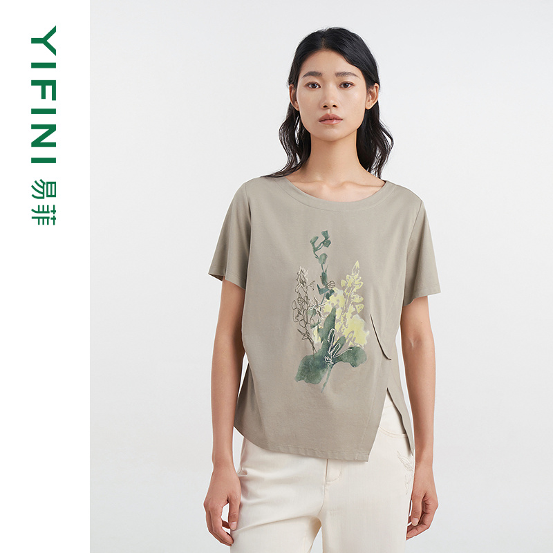 易菲凉感印花绣花宽松T恤