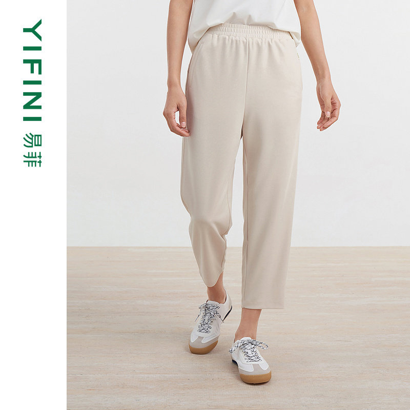 [专柜同款]Yifini/易菲松紧腰百搭休闲坑条针织八分裤时尚慢跑裤