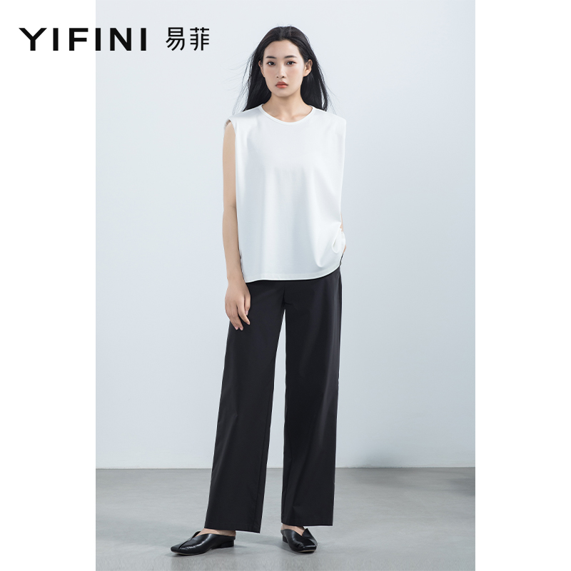 Yifini/易菲休闲宽松遮肉直筒裤女夏装新款黑色垂感阔腿裤子