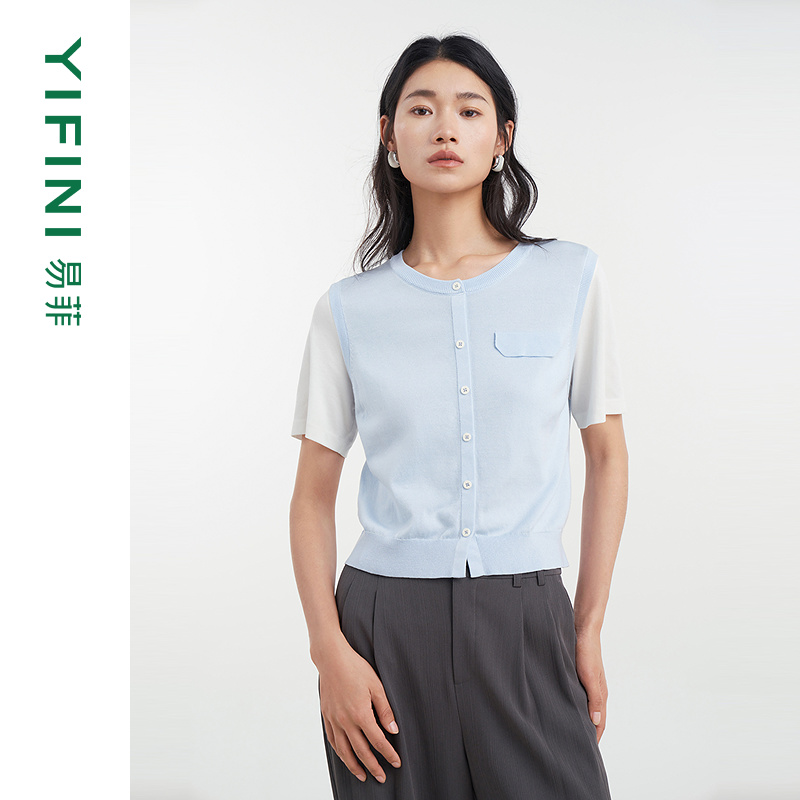 易菲三醋酸假开襟拼接针织衫