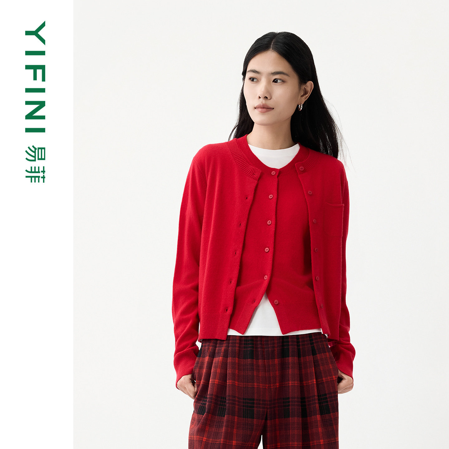 [专柜同款]Yifini/易菲新年红羊毛混纺保暖针织开衫女打底衫