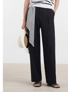 [专柜同款]Yifini/易菲黑色斜纹阔腿裤女通勤百搭休闲裤D04K1410