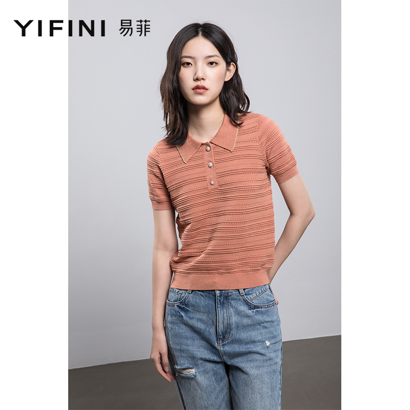 Yifini/易菲短袖夏装毛针织衫女修身显瘦短款外穿上衣新款潮