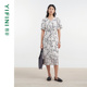 连衣裙D04Y1401 易菲气质优雅印花V领收腰中长款 专柜同款 Yifini