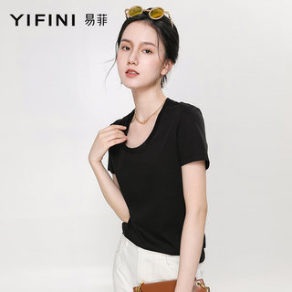 Yifini/易菲圆领短袖含真丝上衣女宽松显瘦棉质纯色T恤夏装新款