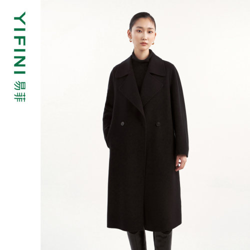 易菲戗驳领气质长款双面呢大衣