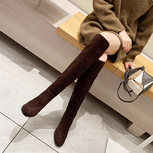 靴子冬粗腿5050过膝长靴女大筒围新款平底弹力高筒显瘦咖色长筒靴