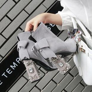 2026春秋季新款方头水钻粗跟高跟短靴百搭蝴蝶结女靴子单靴及裸靴