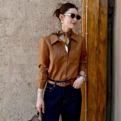 宽松显瘦百搭休闲亚麻衬衫上衣女