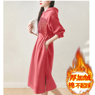 不起球100%纯棉高级感红色卫衣裙加绒加厚连帽宽松长款冬季连衣裙