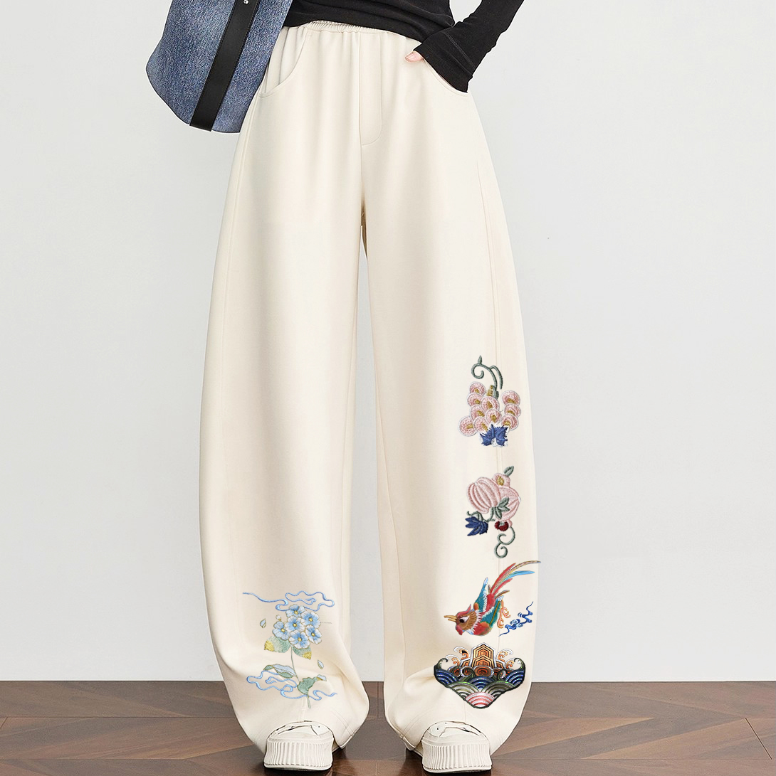 新中式国风刺绣2025年秋冬加绒弯刀裤休闲裤女宽松百搭卫裤长裤子