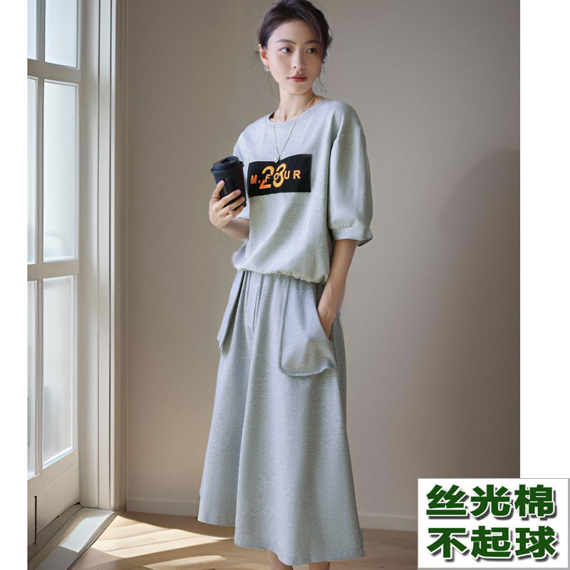 高档丝光棉灯笼袖绣花两件套裙子