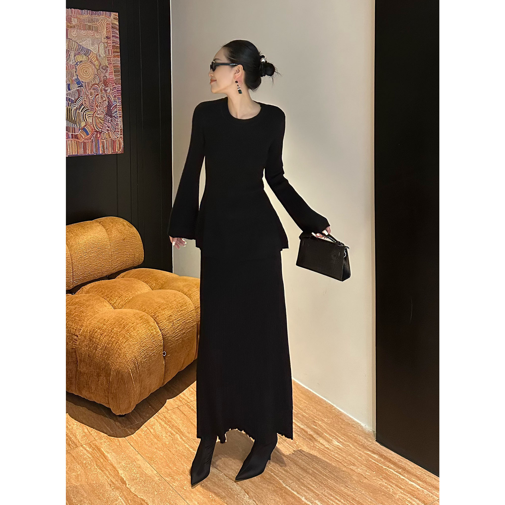 紫紫花瓶腰上衣气质绵羊毛