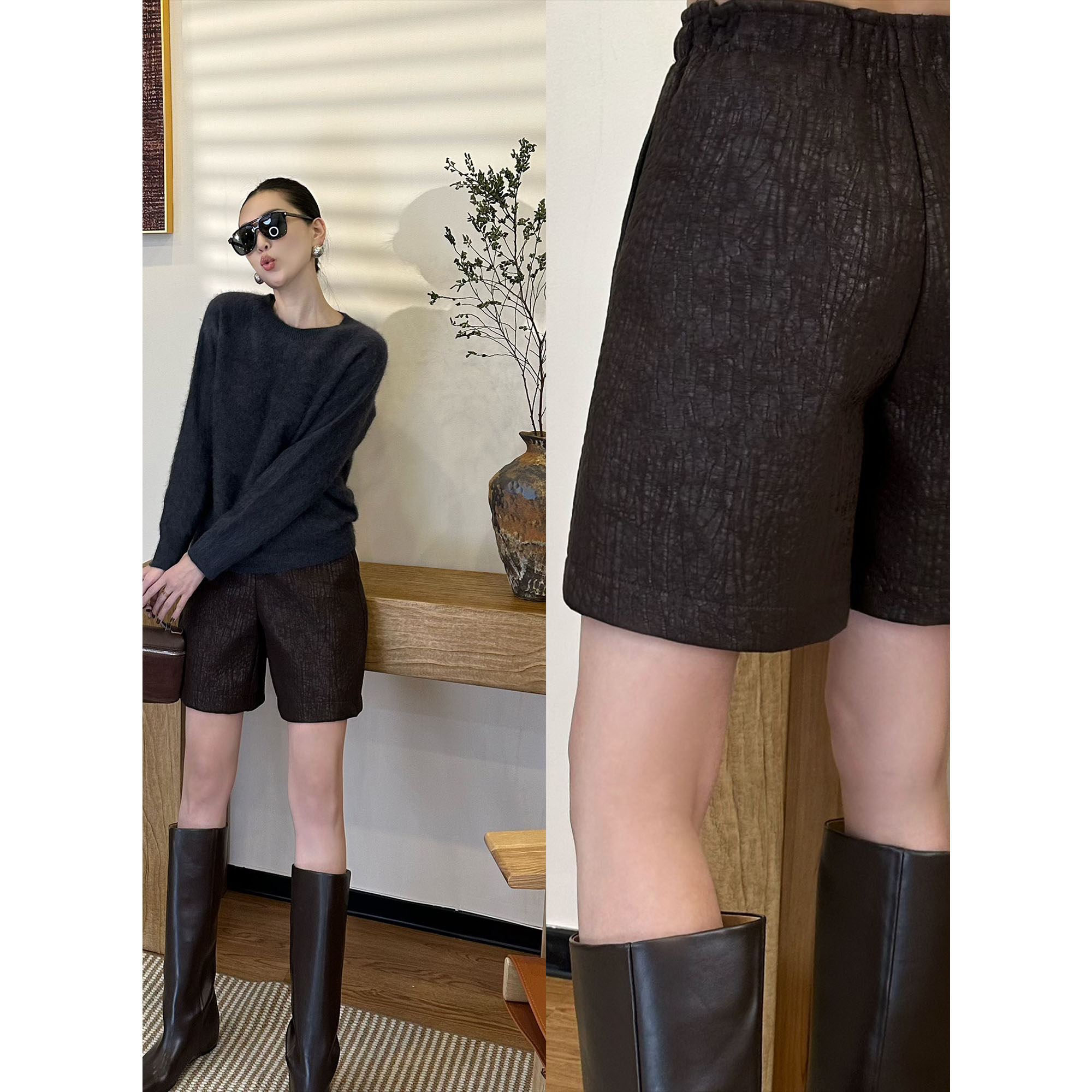紫紫中古花边皮短裤小众短裤
