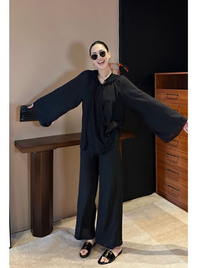 AME  光圈美人裤  竹笛纱圣罗系列亮片定位松紧腰长裤ZE02KZHJ603