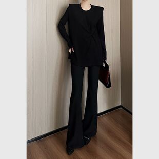 紫紫 典藏版飞肩设计气质打底衫长袖时尚宽松圆领黑色百搭上衣女