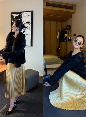 紫紫  琉光大伞裙 重工压褶珠缎四季松紧腰大伞裙半身裙半裙子女