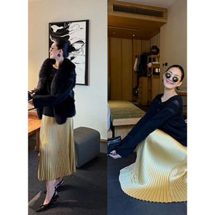 紫紫  琉光大伞裙 重工压褶珠缎四季松紧腰大伞裙半身裙半裙子女