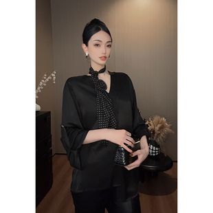 两穿绵软上衣黑色v领长袖 衣袖 气质百搭打底单穿女 随性慵懒 紫紫