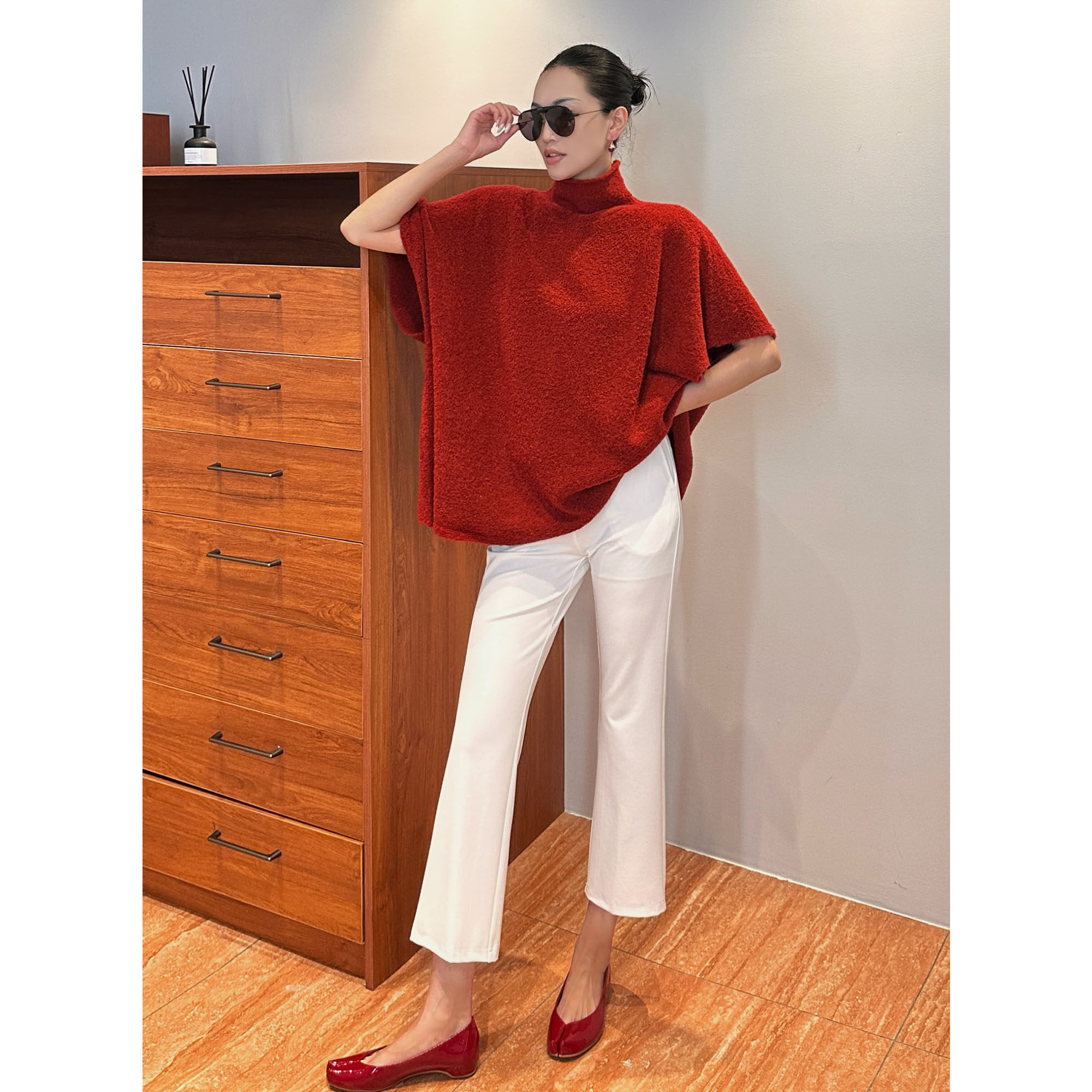 AME 卷纱斗篷 新春胶囊高领前后反穿毛针织斗篷上衣设计感小众女