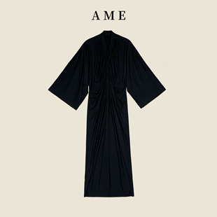 AME 微晚礼 静奢风天丝宽袖堆褶显瘦V领连衣裙短袖设计感气质长裙