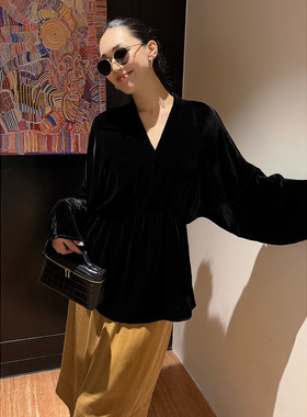 紫紫 本然优雅 1oo桑蚕丝东方美人真丝丝绒小蛮腰上衣v领长袖打底