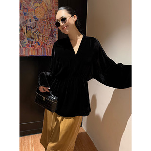 打底 1oo桑蚕丝东方美人真丝丝绒小蛮腰上衣v领长袖 紫紫 本然优雅