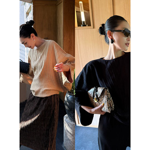 单穿女 廓形剪裁圆领绵羊毛褶皱上衣肌理百搭蝙蝠袖 紫紫 纯韵上衣