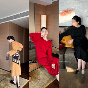 紫紫丝光毛衣裙女三色松弛轮廓春秋冬连衣裙端庄大气时髦中长裙