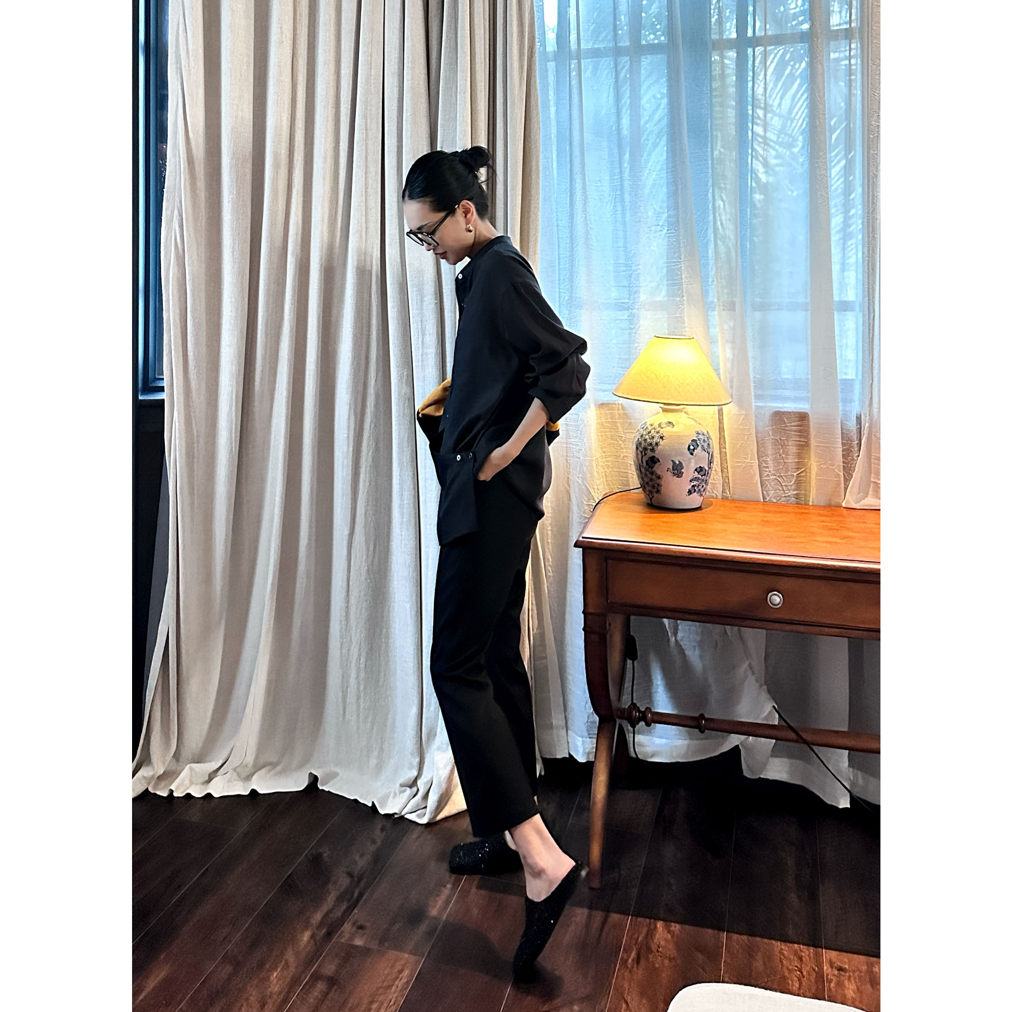 天丝麻浅中式经典上衣女