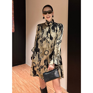 贵气连衣裙女 幸运六叶草人丝镂空气质衬衣裙长袖 紫紫 巴黎老花裙