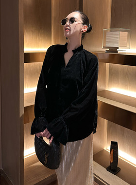 AME 葵黑弥园衫 竖坑条丝绒立体花袖廓形上衣黑色长袖打底单穿女