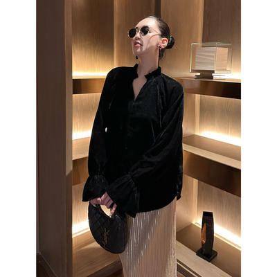 AME葵黑弥园衫竖坑条丝绒