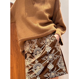 紫紫 中古柔栗裙 复古重工丝绒绣花经典a字半身裙设计感小众半裙