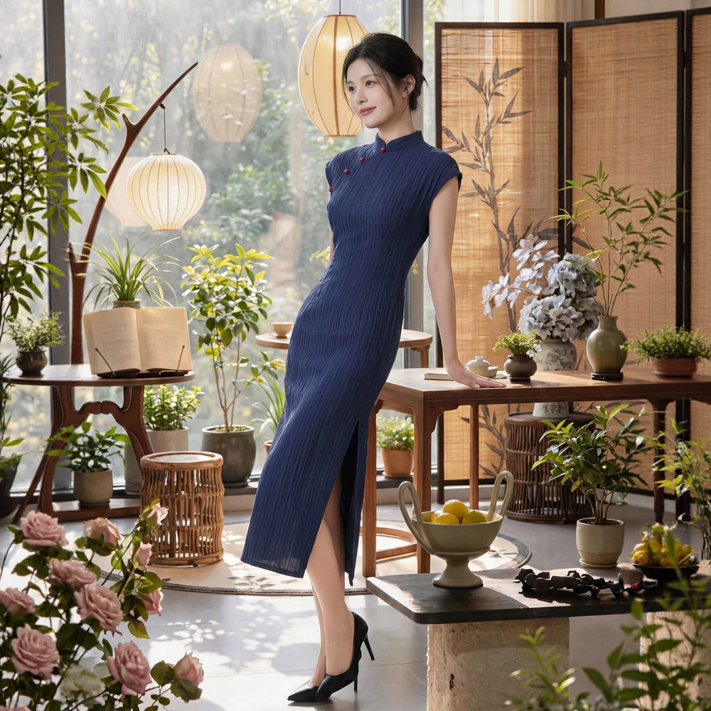 贝之韵藏青改良印花夏长款旗袍女2026夏新款少女无袖年轻款上班穿图片