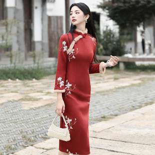 改良年轻款 安哥拉红色加绒新中式 厚款 旗袍冬季 女高级感拜年服 长袖