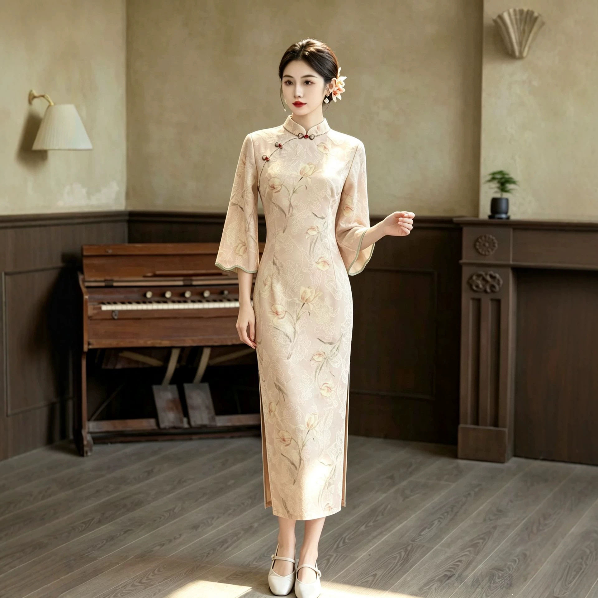 粉色旗袍女新中式2026秋冬长款修身订婚礼服年轻款少女日常连衣裙