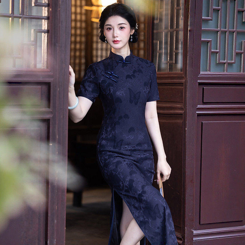 蓝色新中式苏州长款改良旗袍2026新款年轻款女复古民国老上海夏季