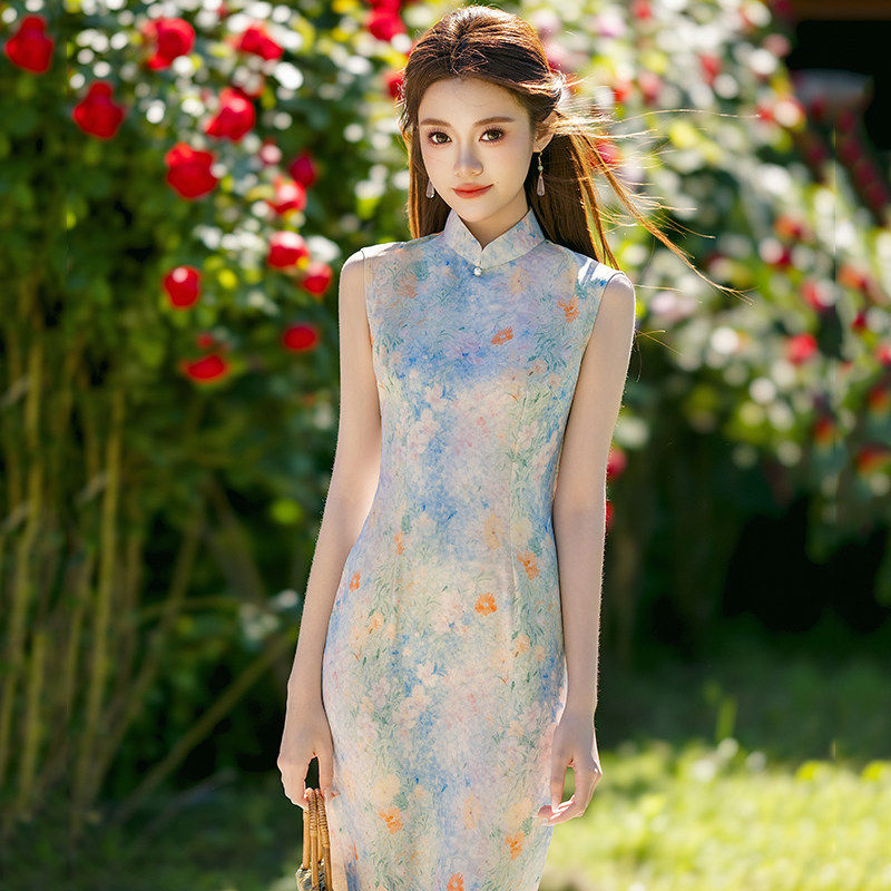 改良旗袍女新中式2026无袖碎花立领气质优雅日常温婉长裙浅蓝色