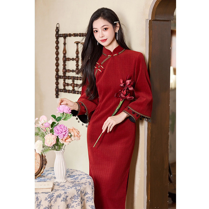 新中式改良旗袍长袖红色立领盘扣敬酒服订婚礼服裙日常可穿女冬季