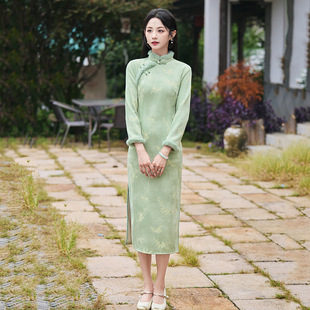 绿色加绒冬装国风新中式长款长袖旗袍冬季厚款改良年轻款女内搭款